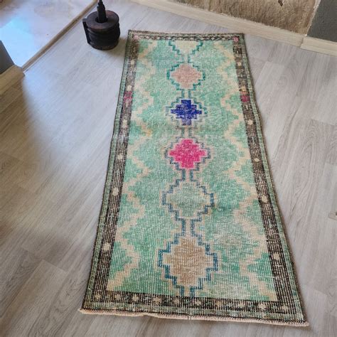 Turkish Wool Green Area Rug Vintage Area Carpet Tiny Runner Rug