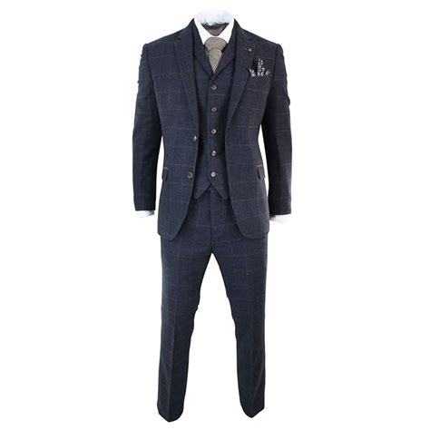 Buy Mens Herringbone Tweed Navy Blue Check Piece Wool Suit Peaky