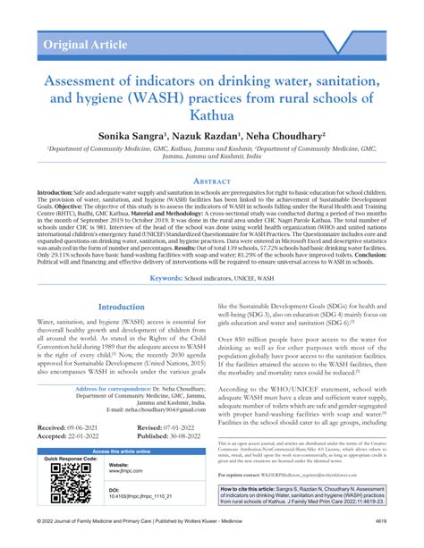 Pdf Assessment Of Indicators On Drinking Water Sanitation And