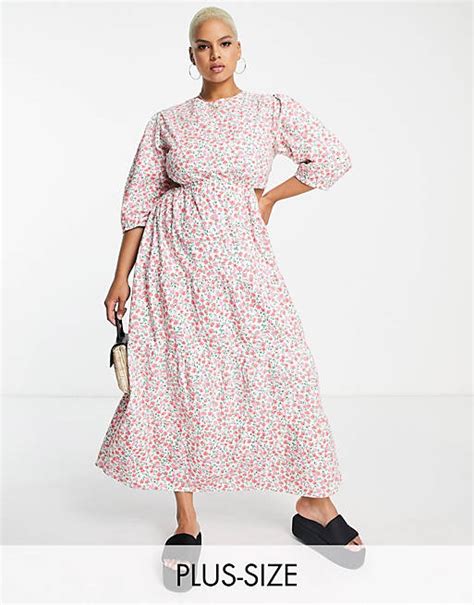 Neon Rose Plus Tie Back Tiered Maxi Smock Dress In Pink Ditsy Floral Asos