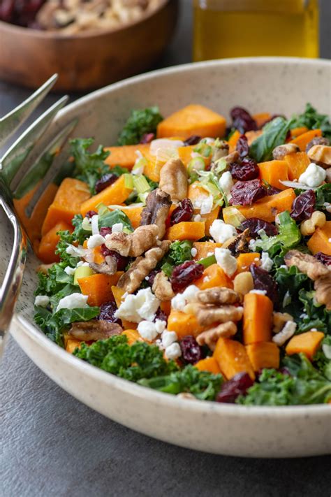 Sweet Potato Kale Salad With Cranberries Walnuts And Goat Cheese Queen Of My Kitchen