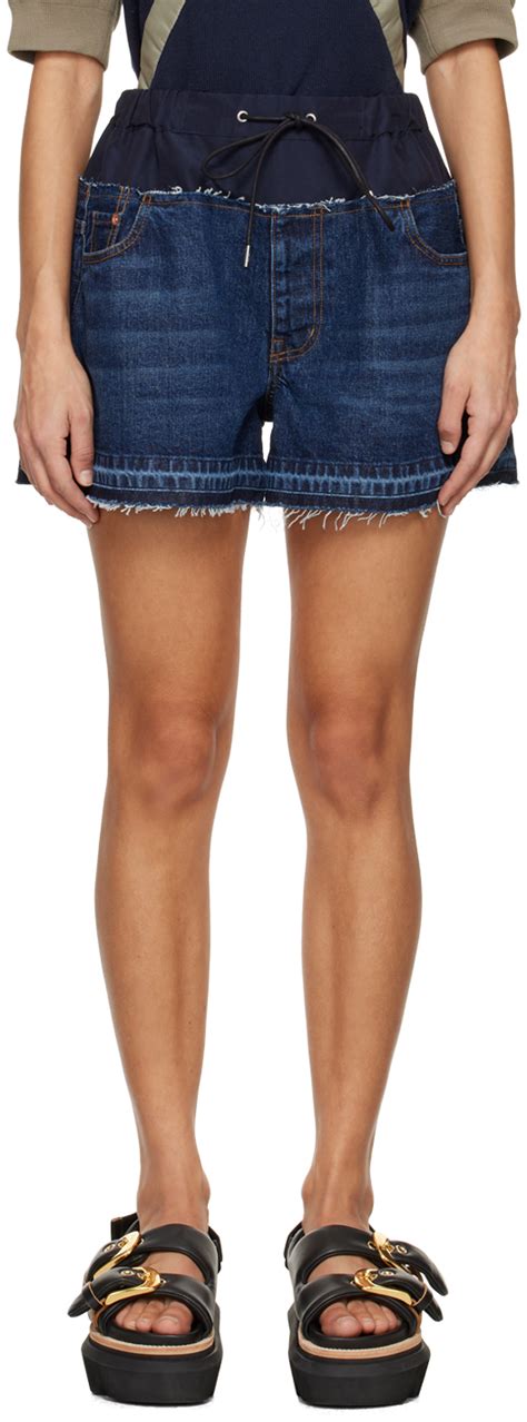 Blue Paneled Denim Shorts By Sacai On Sale