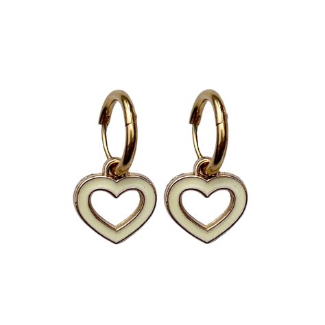 Oorringen Met Beige Hart Emaille Goud Kywi Jewelry