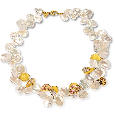 Keshi Pearl Necklace With Diamonds And Yellow Gold Flakes Stambolian