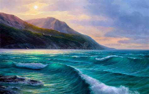 Sunrise Over Sea. Painting Seascape. Stock Image - Image of sunrise ...