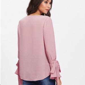 Pgswag Fashion Tops Pretty Pink Pearl Studded Ruffle Sleeve Blouse