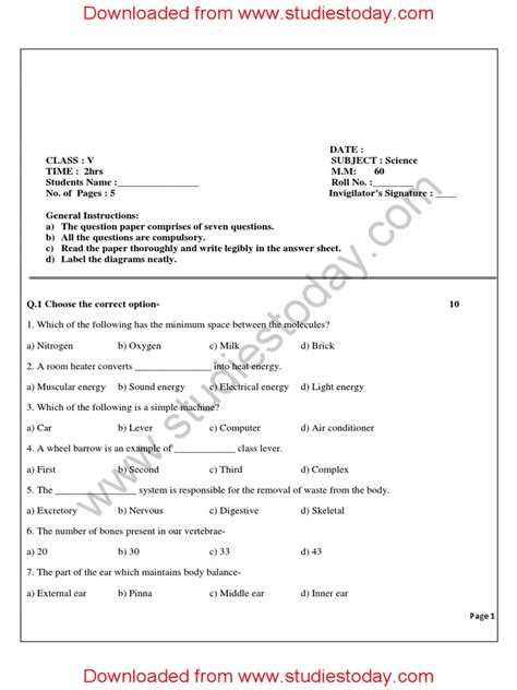 Cbse Class 5 Science Sample Paper Set D Pdf Pdf Eclipse Moon