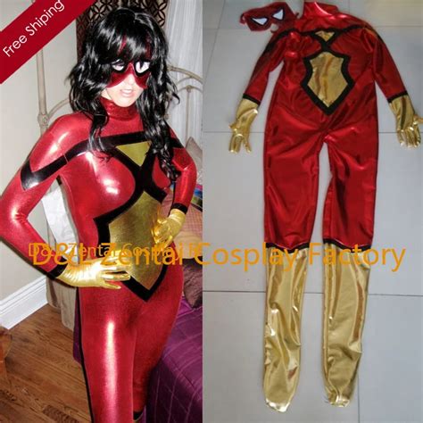 Free Shipping Dhl Wholesale Red Spider Woman Shiny Metallic Superhero Zentai Catsuit Costume