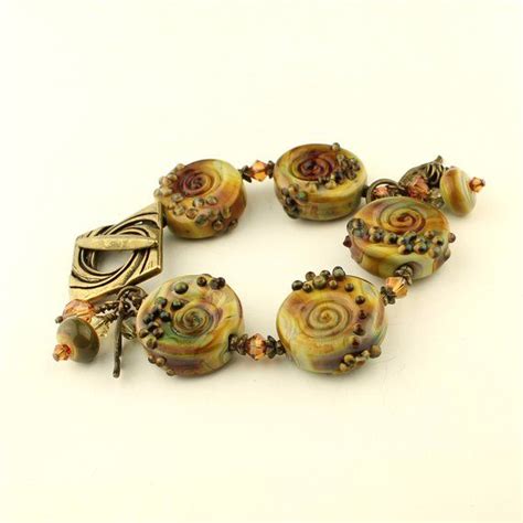 Lampwork Bracelet Chunky Antique Brass Green Brown Raku Beaded