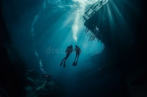 Scuba Divers Exploring Underwater Shipwreck Stock Illustration