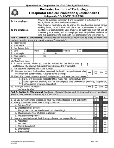 Respirator Medical Evaluation Questionnaire In Word And Pdf Formats