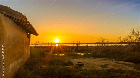 Zdj Cie Stock Vue D Une Cabane Dans Un Tang De La Camargue R Serve