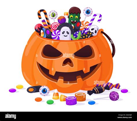 Halloween Pumpkin With Candies Cartoon Sweets Pumpkin Basket Lollipops Jelly Treats And Candy