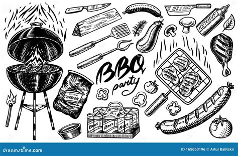 Barbecue Grill Set In Vintage Style Drawn By Hand Bbq Party Ingredients Stock Vector