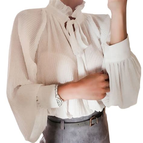 Elegant Office Ladies Ruffled Turn Down Collar Chiffon Blouses Women