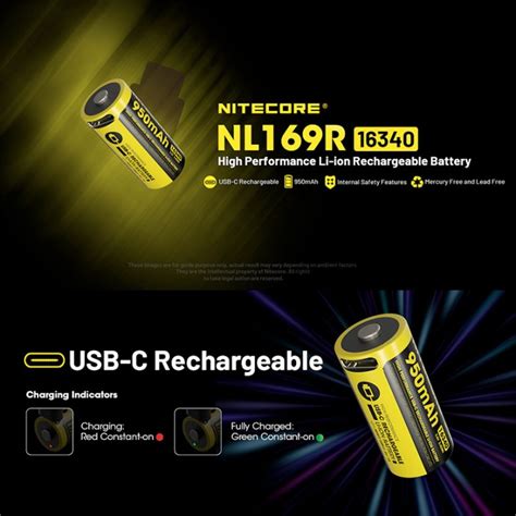 Nitecore NL169R Li Ion RCR123 Batteri 950mAh 3 6V USB C Laddning