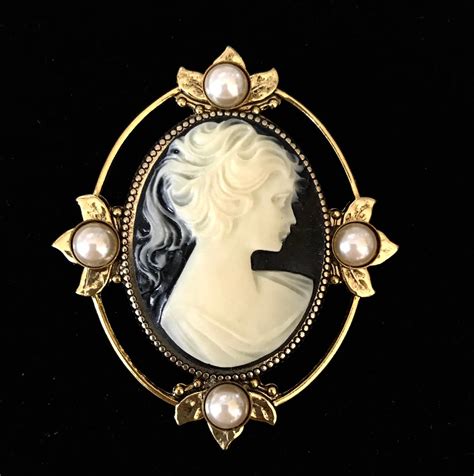 Black Cameo Brooch Victorian Girl Profile Pearl Accents Etsy