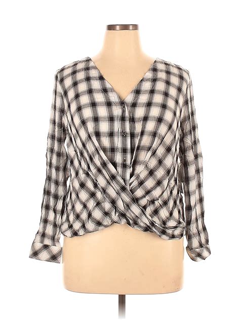 A N A A New Approach 100 Rayon Plaid White Long Sleeve Blouse Size Xl