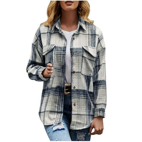 Tmoyzq Womens Long Sleeve Flannel Shirts Plaid Flannels Lapel Button Down Shacket Jacket Casual