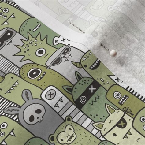 Monsters And Friends Olive Green Smaller Fabric Spoonflower