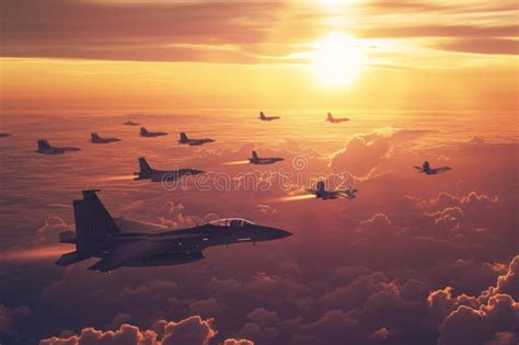 A Formation Of Fighter Jets Soars Through A Cloudy Sky Demonstrating