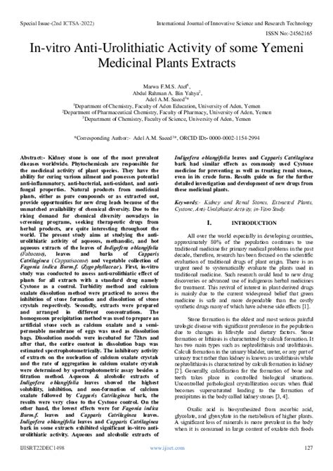 Pdf In Vitro Anti Urolithiatic Activity Of Some Yemeni Medicinal