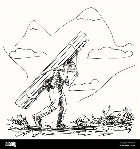 Sketch Of Nepali Porter Carrying Heavy Big Load On His Head In