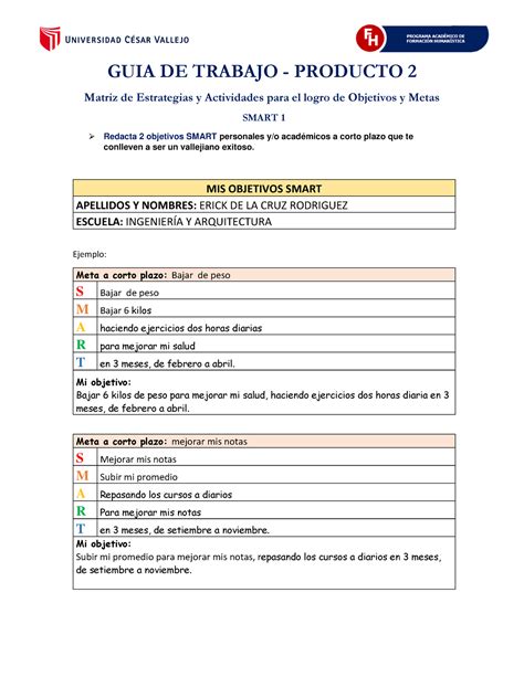 Objetivos Smart GUIA DE TRABAJO PRODUCTO 2 Matriz De Estrategias Y