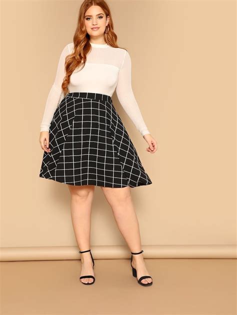 SHEIN Plus Grid Flare Skirt Flare Skirt Stylish Work Outfits Skirts