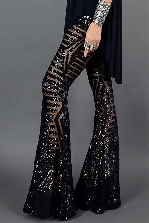 Black Sequin Wide Leg Pants Sequin Bell Bottoms Sequin Flare Pants Black Sequins