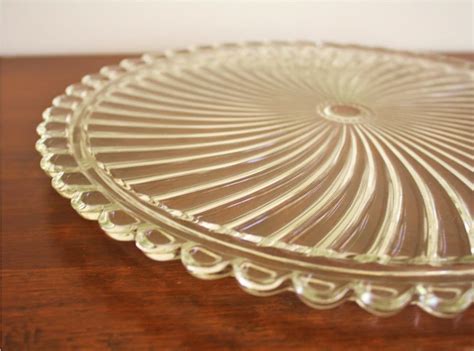 Large Vintage Clear Glass Cake Platter Swirl Pattern Etsy