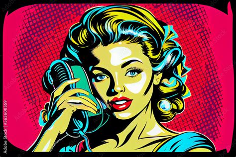 Sexy Pin Up Frau Mit Einem Telefonhörer Am Telefonieren Bunter Hintergrund In Pop Art Retro