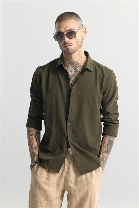 Buy Mens Crushed Self Stripe Olive Shirt Online Snitch