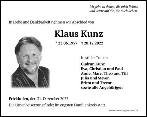 Traueranzeigen Von Klaus Kunz Trauer Rheinmain De