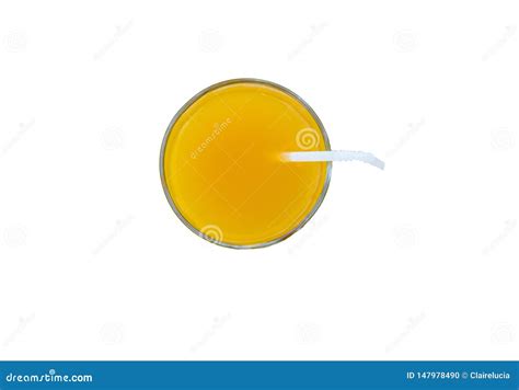 Summer Drink Freshly Squeezed Orange Juice In A Glass With A Straw Tube Top View Isolated On