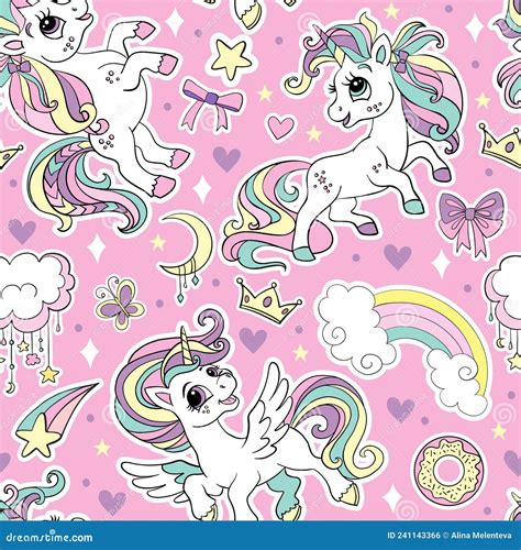 Seamless Pattern Cute Unicorns And Magic Elements Vector Stock Vector