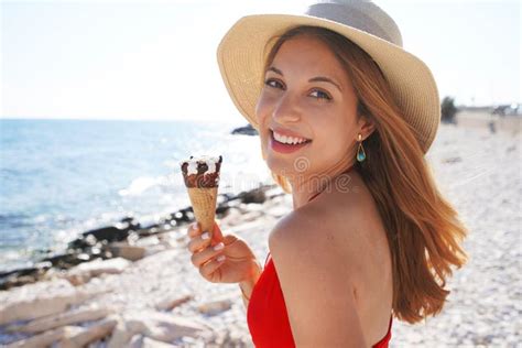 Close Up Of Attractive Bikini Woman With Hat Holding Ice Cream Cone