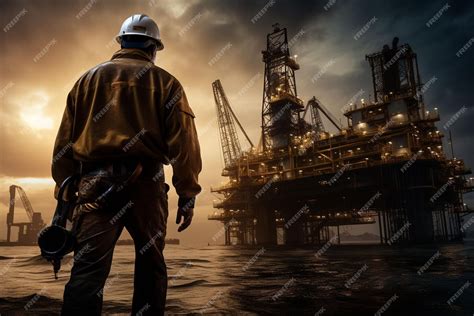 Premium Photo An Offshore Oil Rig Worker Walks To An Oil And Gas