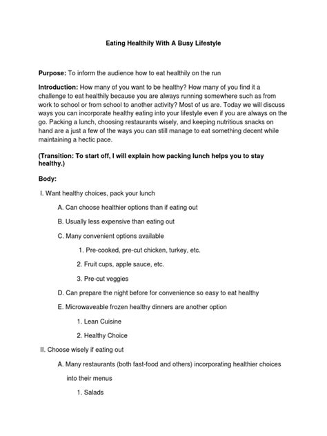 Samples Outline Informative Speech Healthy Eating Pdf Lunch