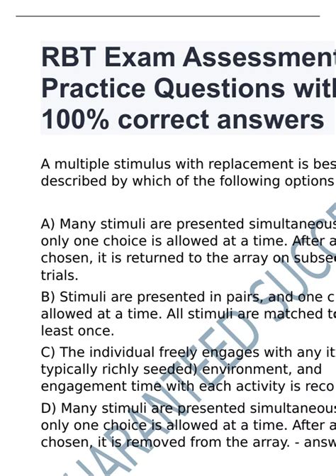 Rbt Exam Assessment Practice Questions With Correct Answers