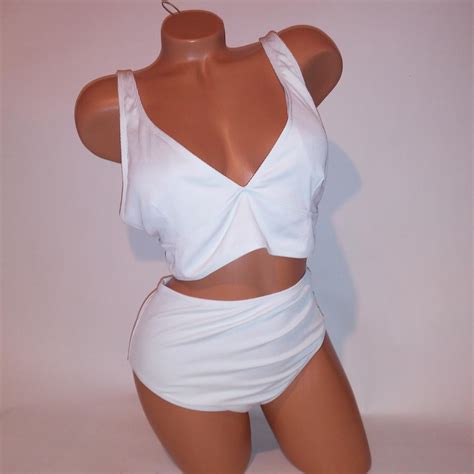 Swim Bikini Xl Solid White Ribbed Long Line High Depop