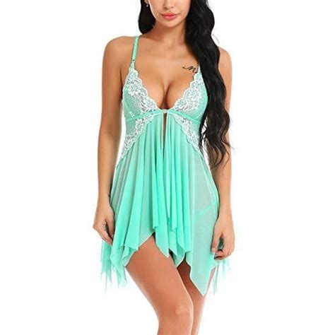 Lingerie Sexy pour Femme Nuisette en Dentelle en Maille Vêtements de Nuit Vert clair Vert clair