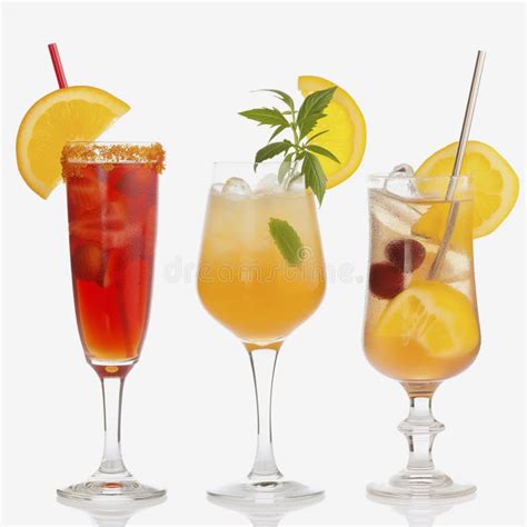 Colourful Summer Cocktails With Fruit And Straws Isolated On White