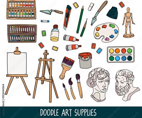 Vintage doodle icon with art supplies doodle on isolated background. Collection of art supplies ...