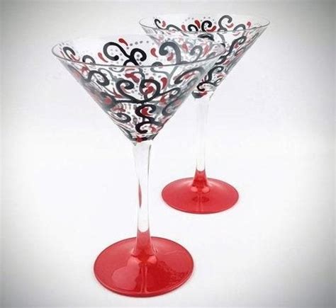 Hand Painted Martini Glass Red And Black Swirl Design Fancy Cocktail Glass Unique Martini