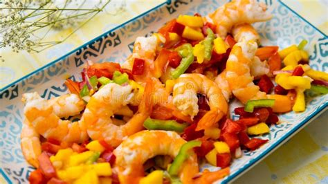 Prawn Salad With Mango Tomato And Pepper Stock Photo Image Of Fish