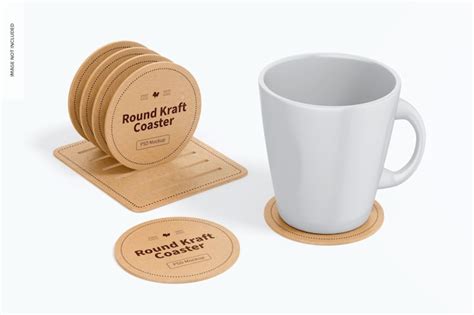 Premium PSD Round Kraft Coasters Mockup