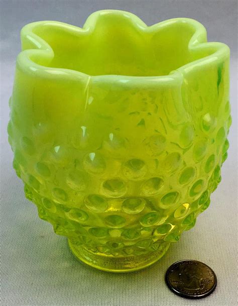 Lot Vintage Fenton Yellow Vaseline Uranium Opalescent Hobnail Rose Bowl Vase