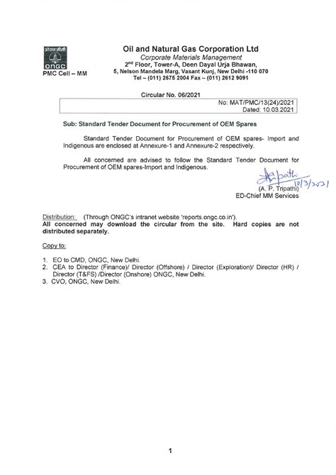 Ongc Tender Standard Tender Documents For Procurement Of Oem Spares