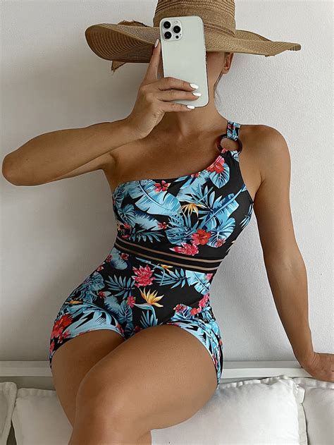 Shein Swim Vcay Ba Ador Una Pieza Con Estampado Tropical De Un Hombro